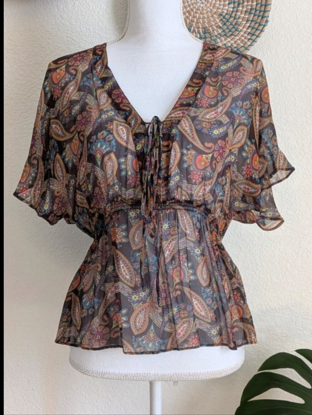 Multicolor Paisley Boho Chiffon Tie Waist Blouse Small